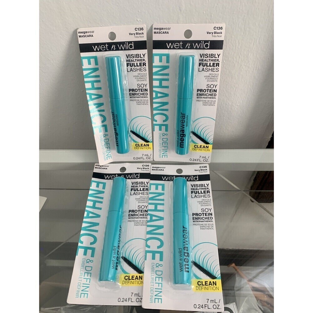 (4) Wet 'n Wild Megawear Mascara #C136 Very Black New Set Clean Fuller